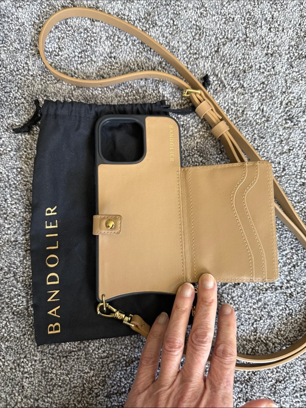 Bandolier Tan Leather Crossbody Phone Wallet for iPhone 16 with Gold Hardware